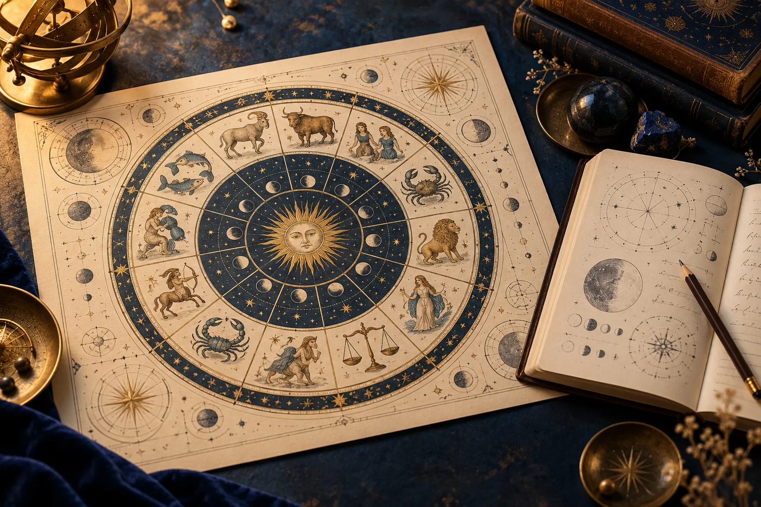 An open study notebook beside a celestial chart and a telescope at dusk